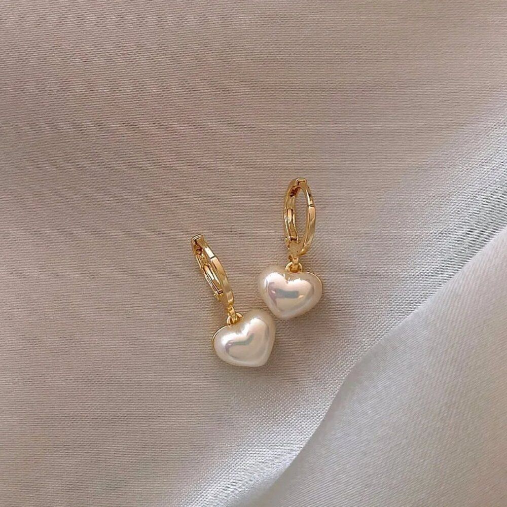 Pearl Heart Charm Earrings in Gold - Picture 8 of 8